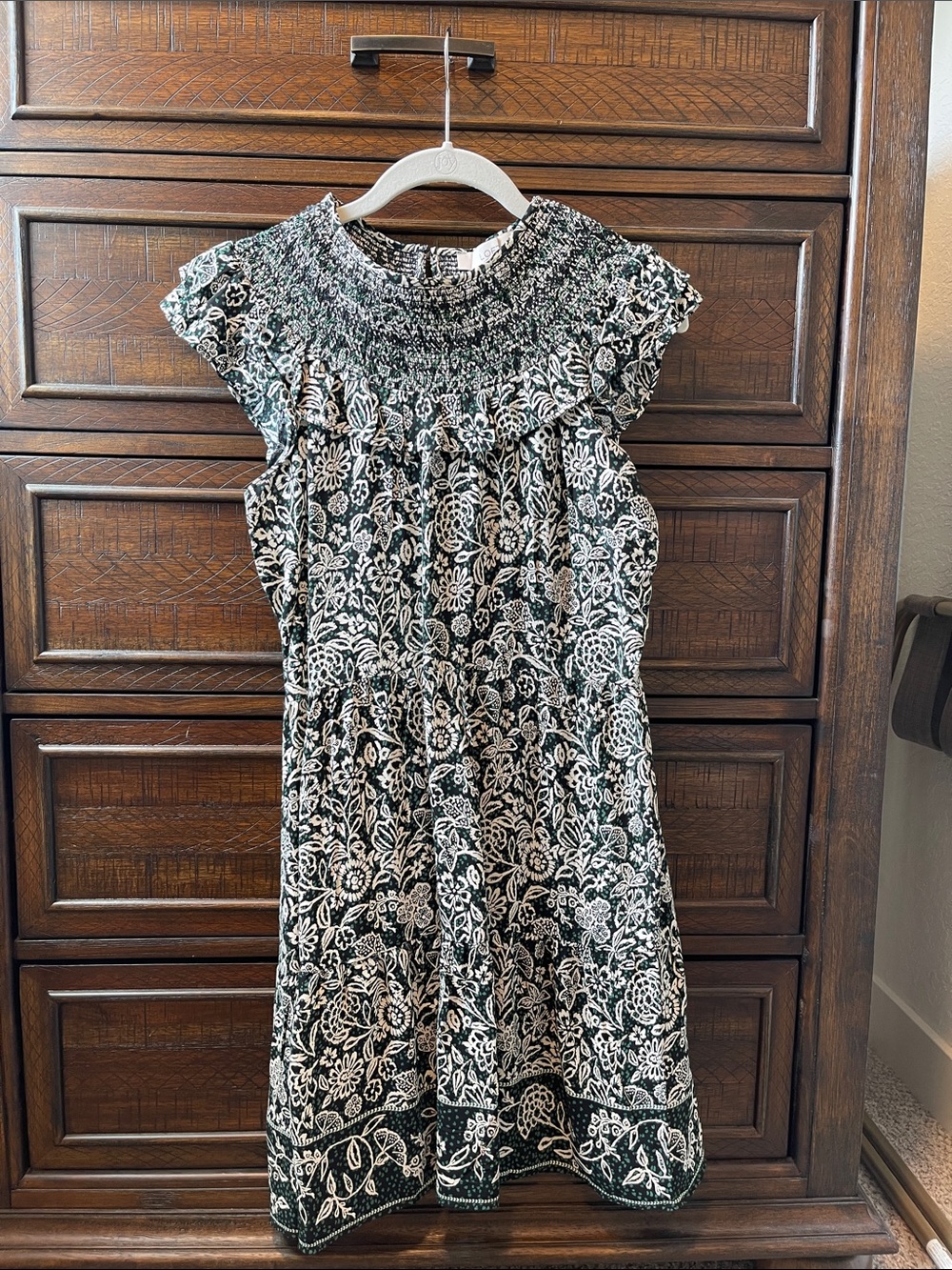 LOFT Green and White Floral Smocked Midi Dress